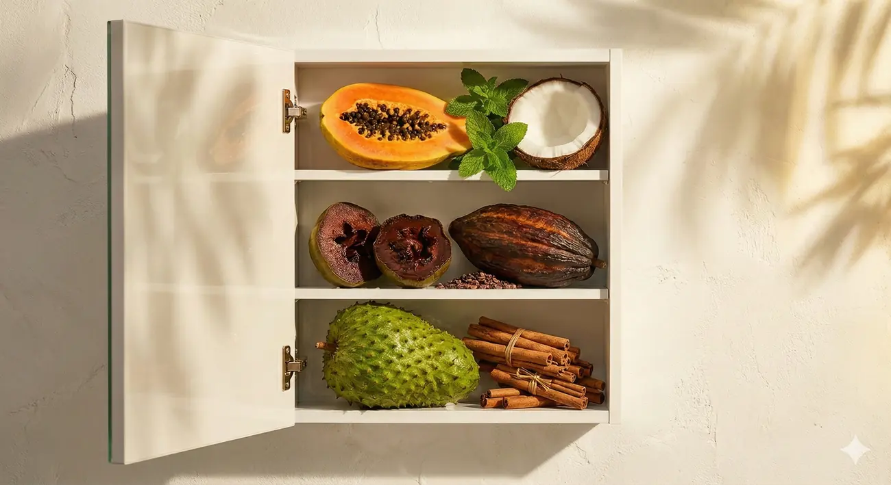 Papaya, black sapote, soursop, cacao and cinnamon on open shelves